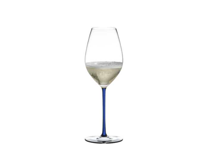 Champagneglass med blå stilk, og klar klokke og stett